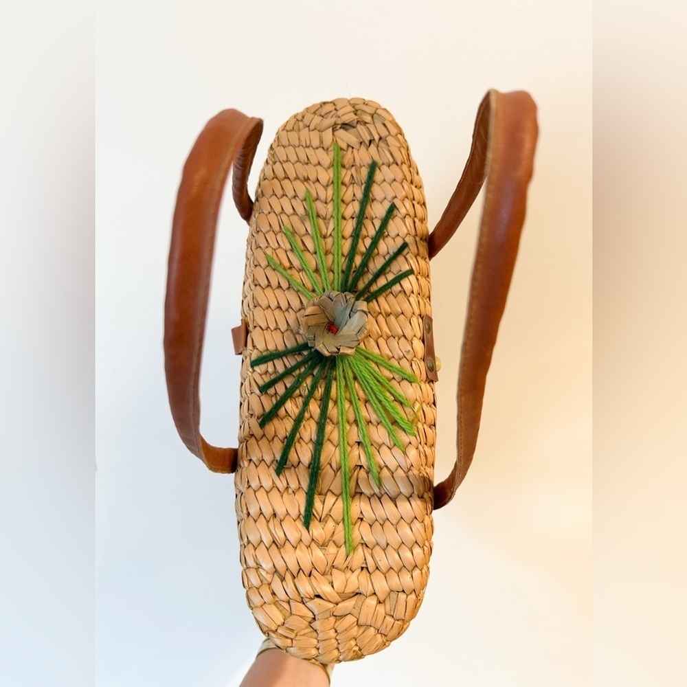 Vintage 3D Floral Wicker Basket Bag Purse Handbag Tan Green - Picture 4 of 9